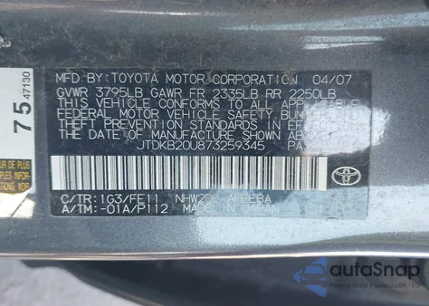 2007 Toyota Prius z USA, uszkodzony, nr VIN JTDKB20U873259345